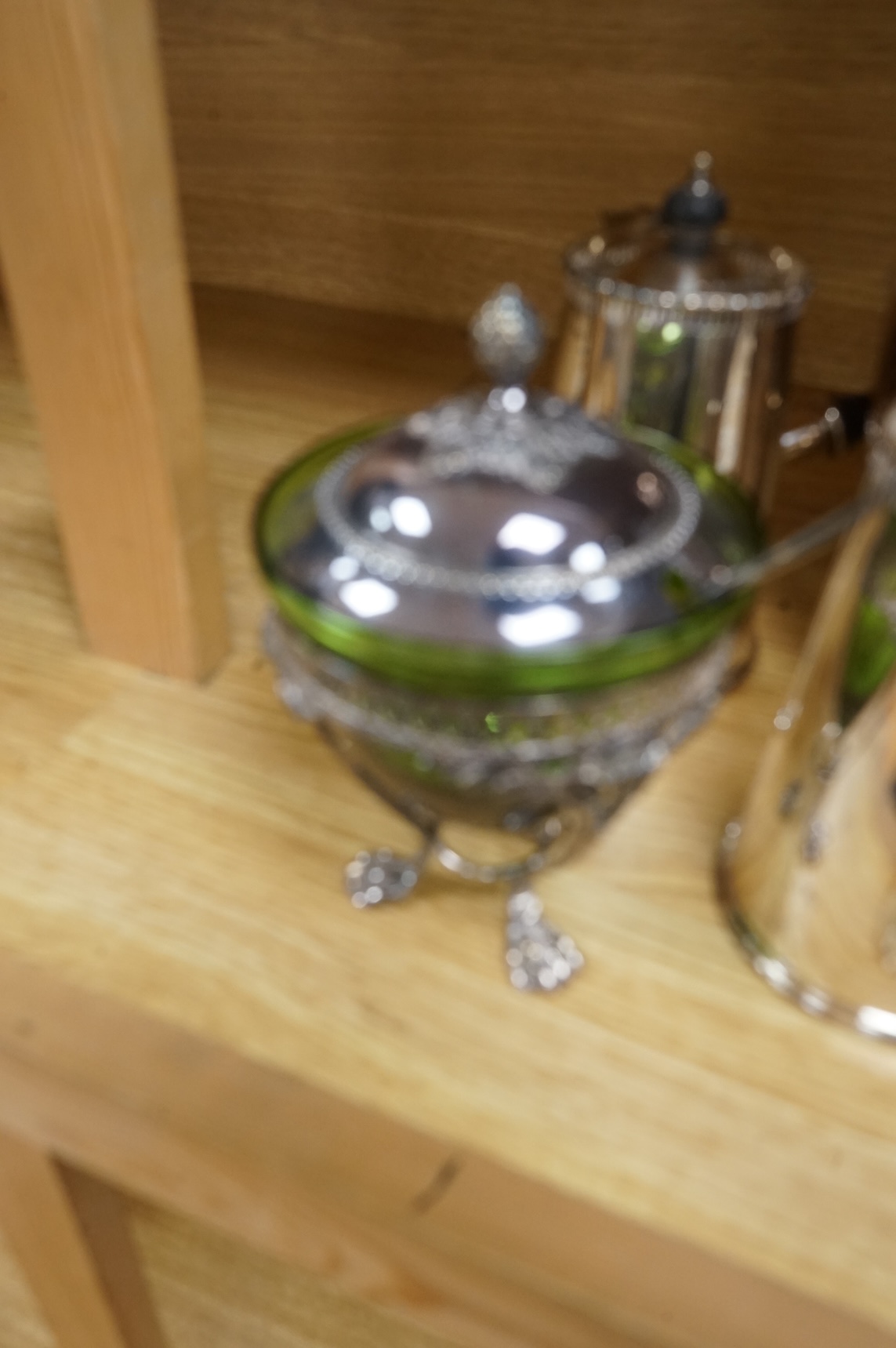 A Moser crystal glass decanter and stopper with gilt decoration and selection of plated items, largest 32cm high